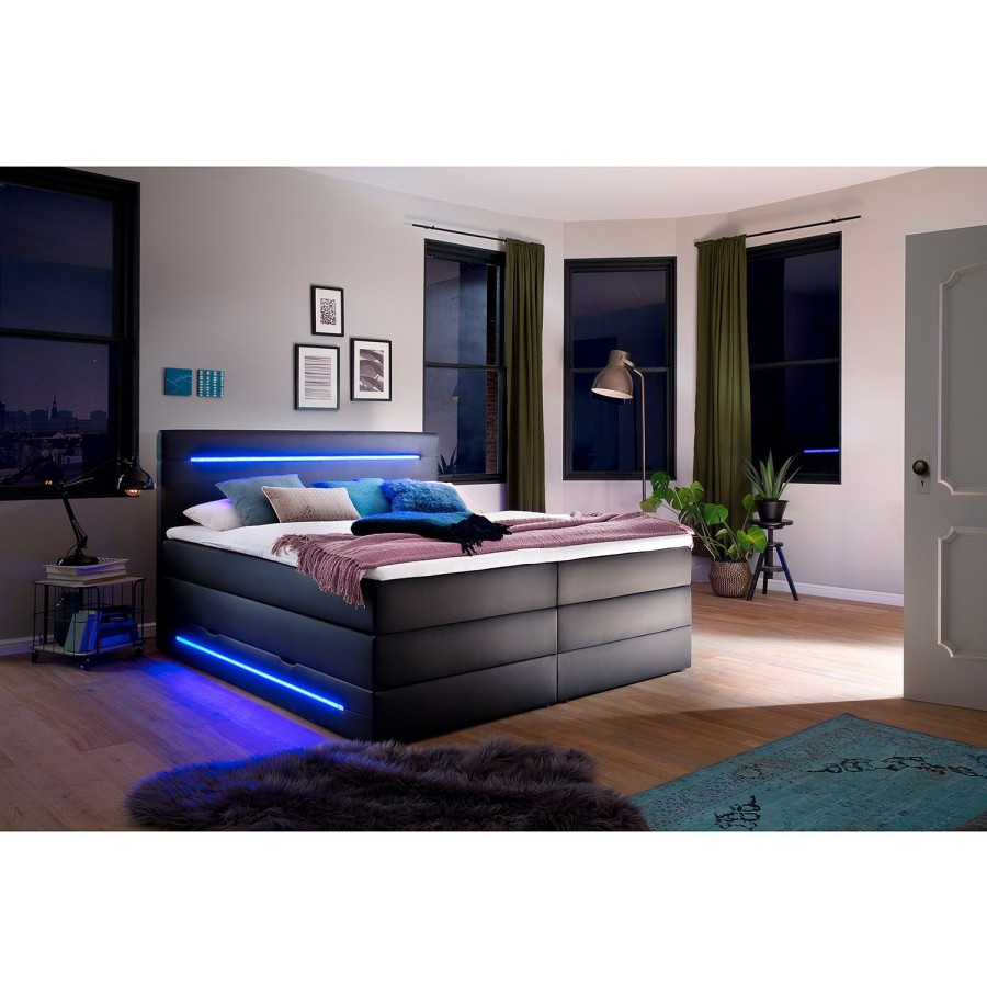 Boxspringbetten * | Meise.Mobel Boxspringbett Lights Kunstleder Schwarz 180 X 200Cm 2 Bettkasten