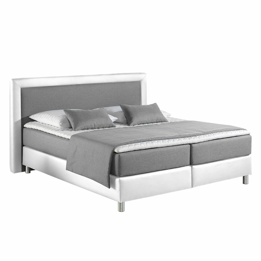 Boxspringbetten * | Loftscape Boxspringbett Vimmerby Kunstleder Weis / Grau 200 X 200Cm Kaltschaummatratze H3