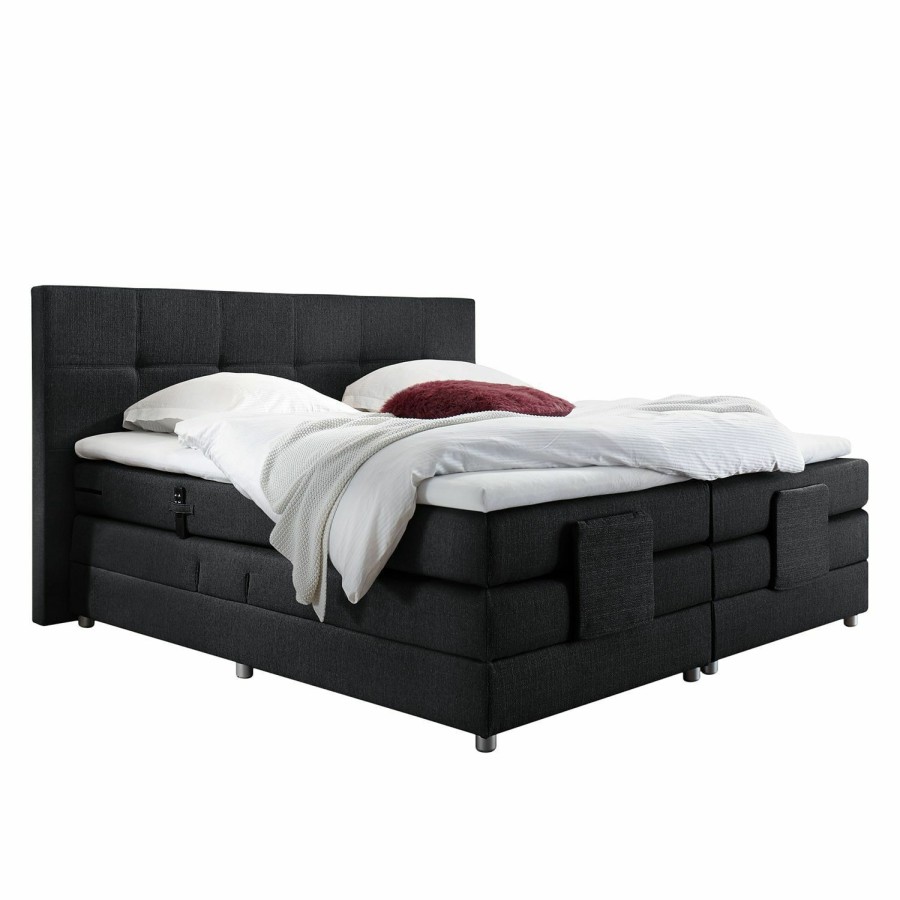 Boxspringbetten * | Loftscape Boxspringbett Jamana Motorisch Verstellbar Inkl. Topper Webstoff Schwarz