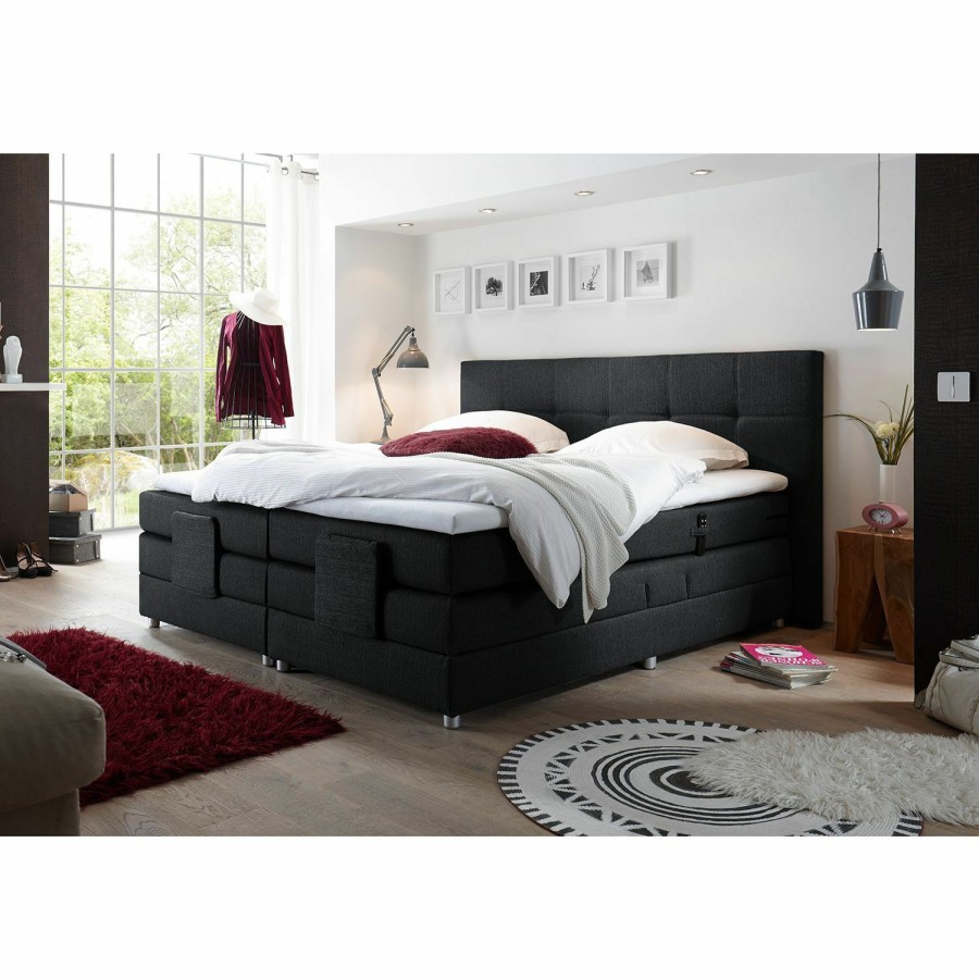 Boxspringbetten * | Loftscape Boxspringbett Jamana Motorisch Verstellbar Inkl. Topper Webstoff Schwarz