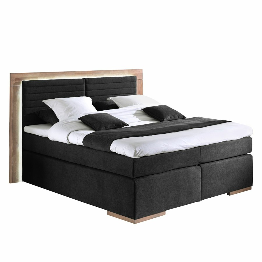 Boxspringbetten * | Naturoo Boxspringbett Marcel Ii Webstoff In Samtoptik Inkl. Beleuchtung Eiche, Teilmassiv Schwarz 200 X 200Cm H2