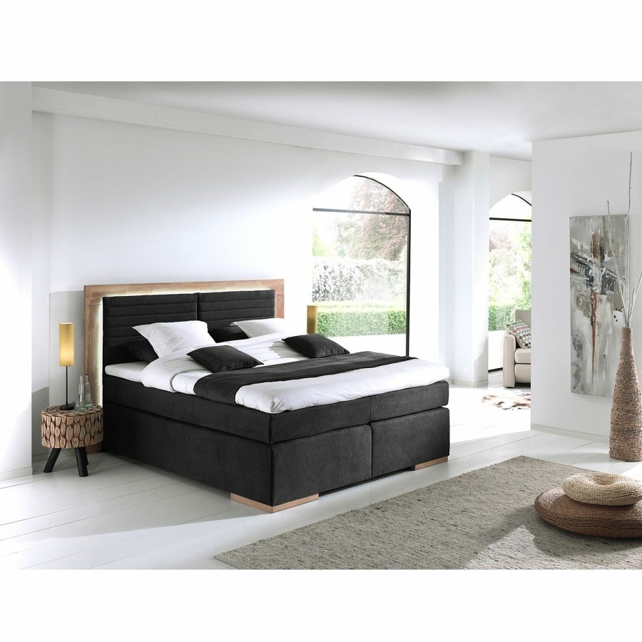 Boxspringbetten * | Naturoo Boxspringbett Marcel Ii Webstoff In Samtoptik Inkl. Beleuchtung Eiche, Teilmassiv Schwarz 200 X 200Cm H2