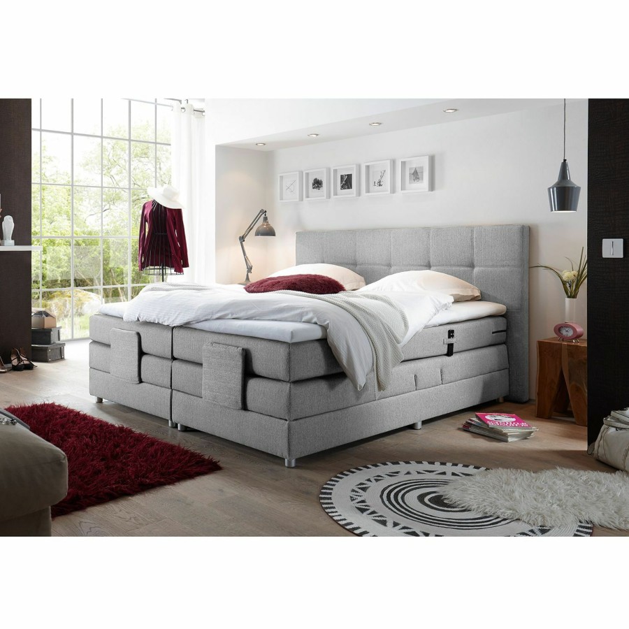 Boxspringbetten * | Loftscape Boxspringbett Jamana Motorisch Verstellbar Inkl. Topper Webstoff Lichtgrau