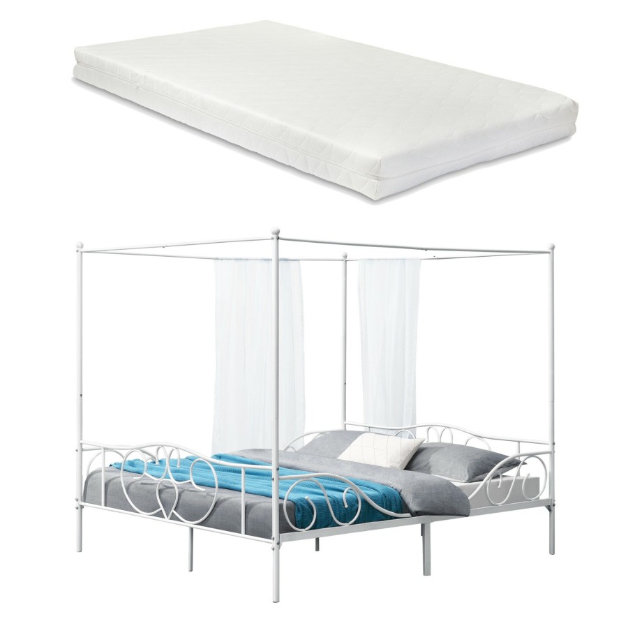 Bettgestelle * | En.Casa Himmelbett Finstrom Mit Matratze Weis Breite: 188 Cm