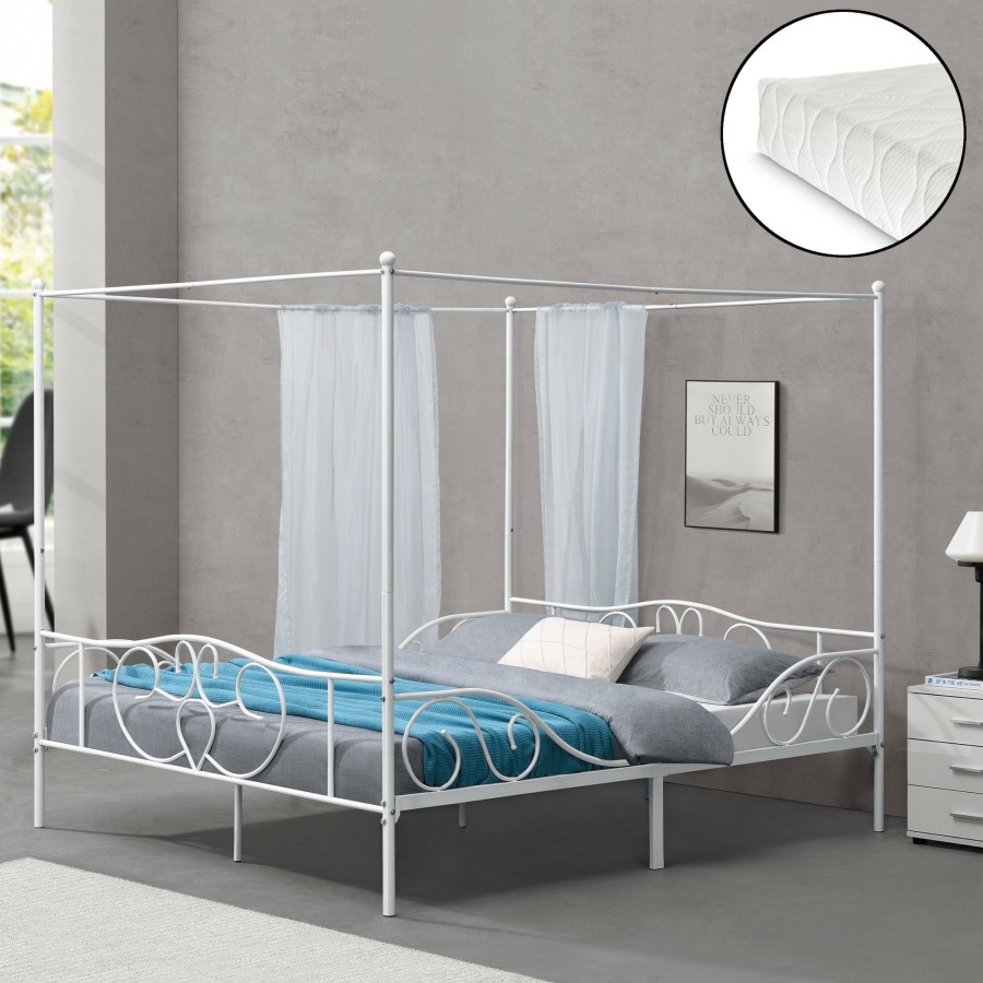 Bettgestelle * | En.Casa Himmelbett Finstrom Mit Matratze Weis Breite: 188 Cm