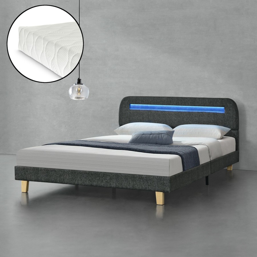 Bettgestelle * | En.Casa Led Bett Roskilde + Matratze Steingrau Tiefe: 140 Cm