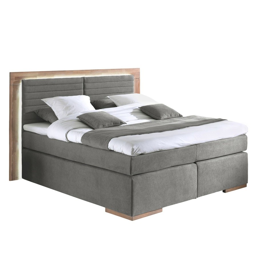 Boxspringbetten * | Naturoo Boxspringbett Marcel I Ohne Beleuchtung, Webstoff Eiche, Teilmassiv Grau 180 X 200Cm Doppelmatratze H2/H4