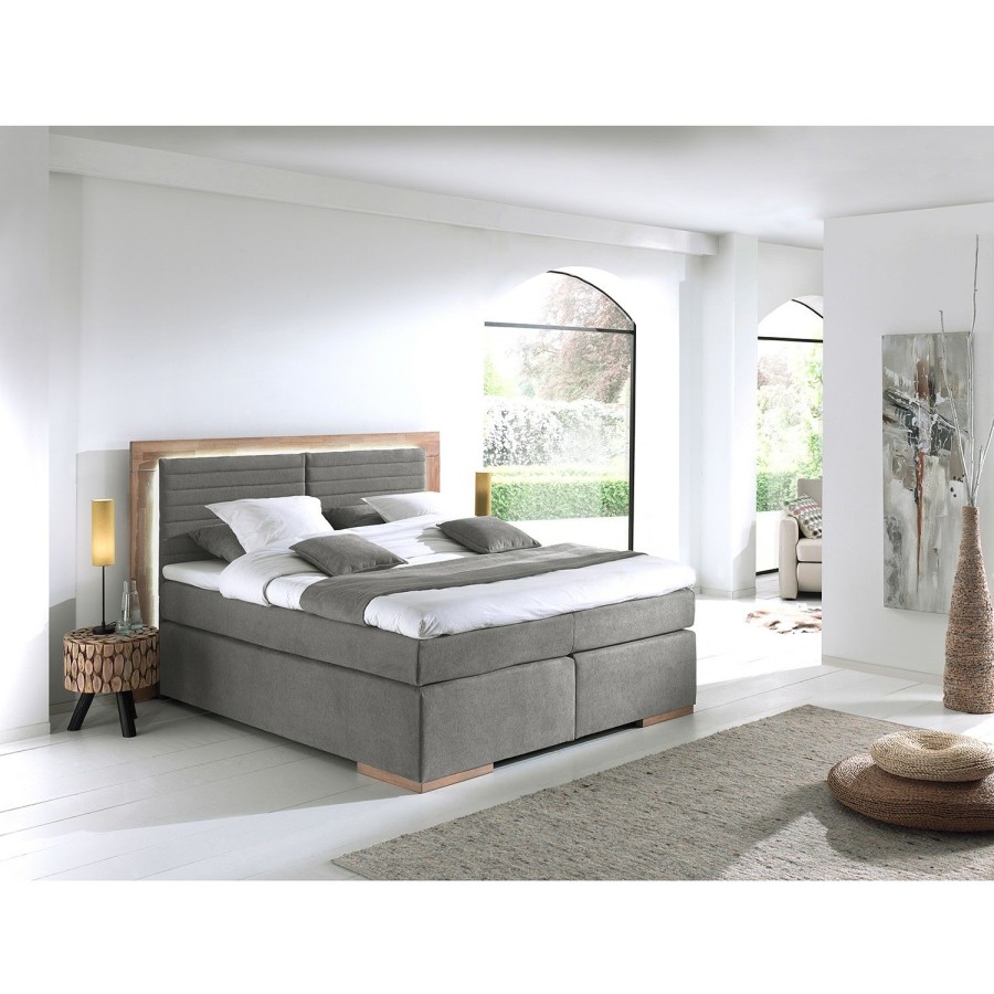 Boxspringbetten * | Naturoo Boxspringbett Marcel I Ohne Beleuchtung, Webstoff Eiche, Teilmassiv Grau 180 X 200Cm Doppelmatratze H2/H4