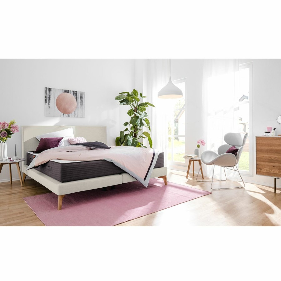 Boxspringbetten * | Smoodspring Bett I Webstoff / Eiche Massiv Creme 180 X 200Cm