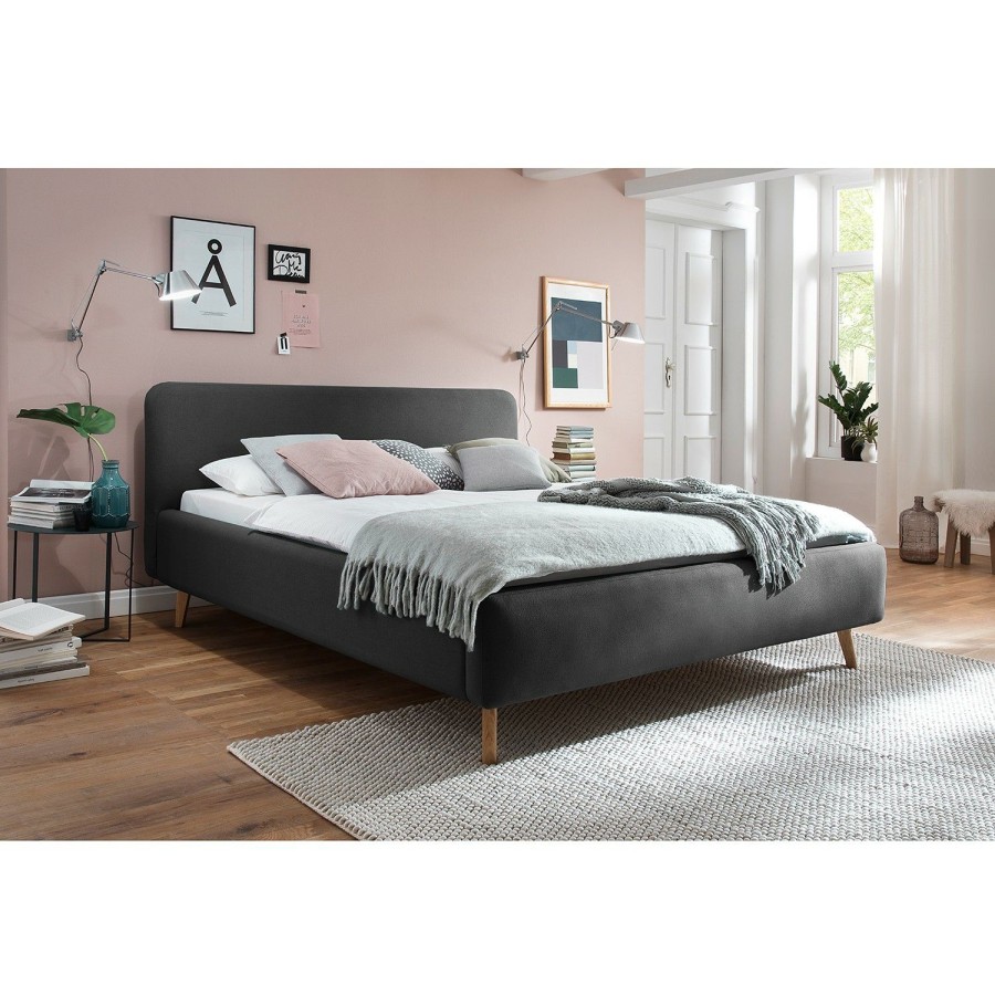 Bettgestelle * | Meise.Mobel Polsterbett Mattis Webstoff / Eiche Massiv Anthrazit 180 X 200Cm