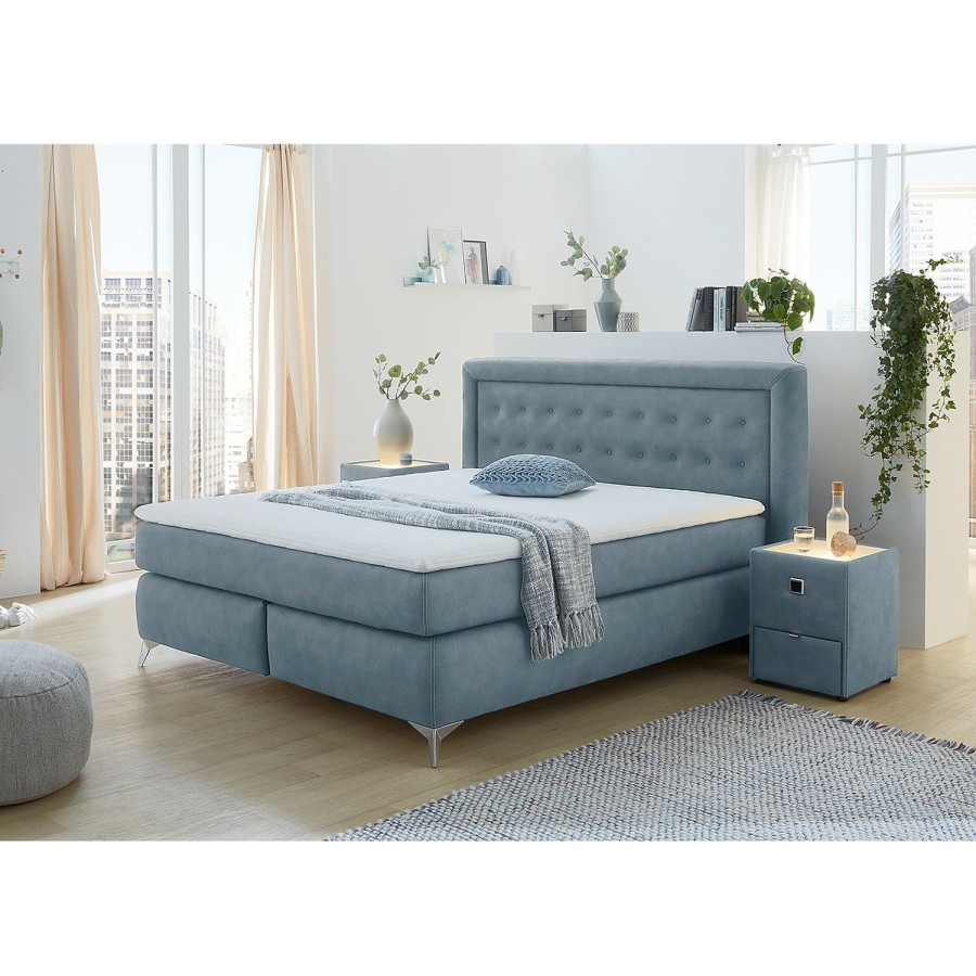 Boxspringbetten * | Loftscape Boxspringbett Stettin Blau Doppelmatratze H3/H4