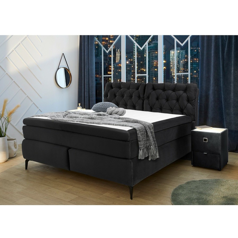 Boxspringbetten * | Loftscape Boxspringbett Christina Schwarz Doppelmatratze H3/H4