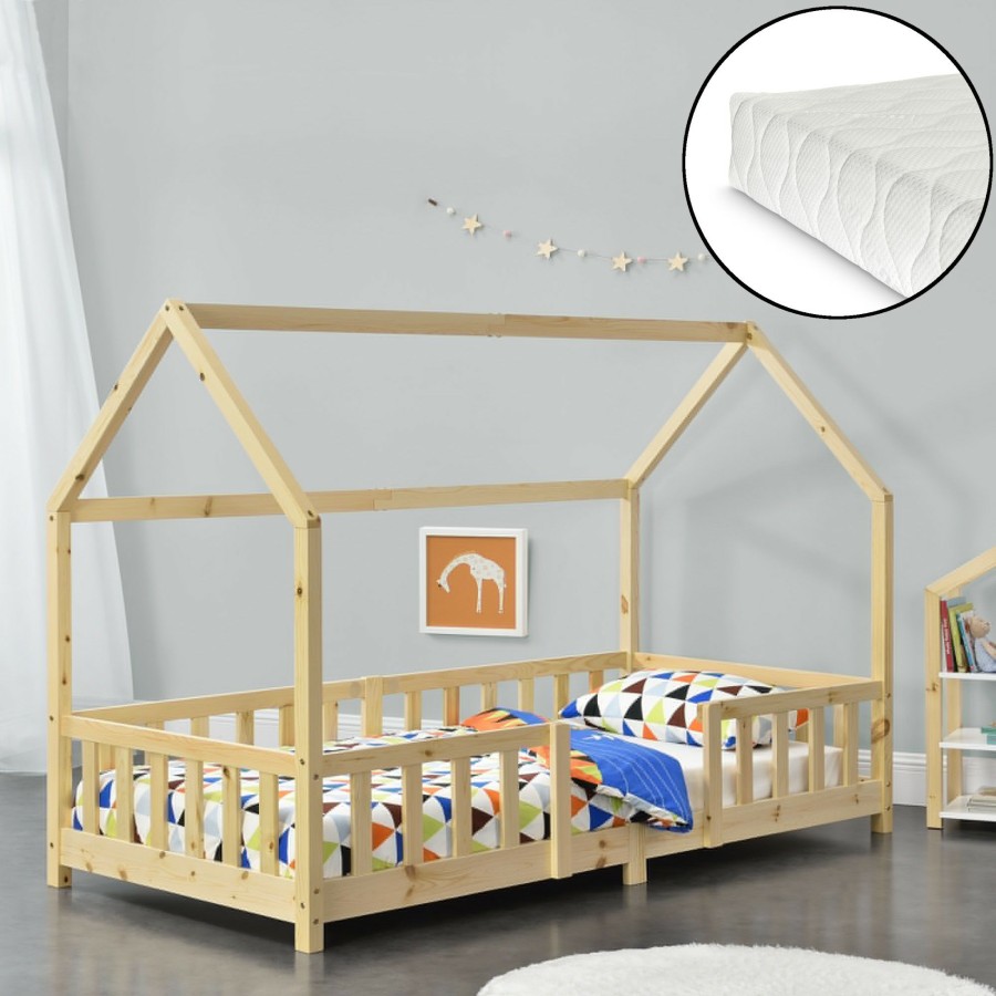 Bettgestelle * | En.Casa Kinderbett Sisimiut + Matratze Braun 200 X 140 X 90 Cm