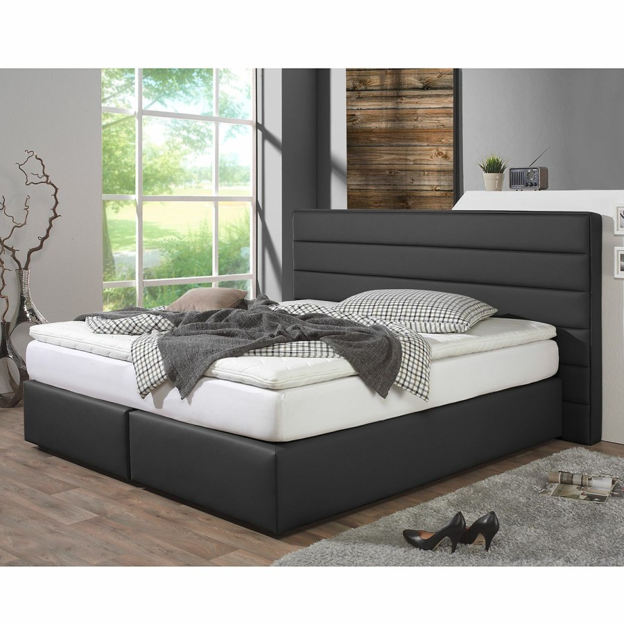 Boxspringbetten * | Loftscape Boxspringbett Ingebo Kunstleder Schwarz 160 X 200Cm Bonellfederkernmatratze H2